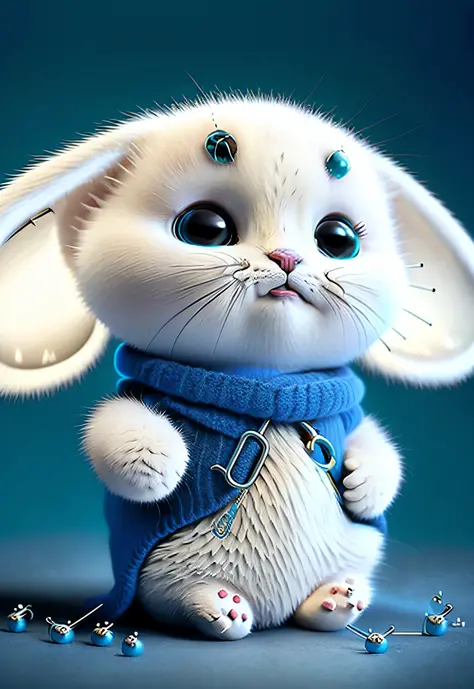 A cat white and blue with big safety pins on his ears Tim Burton