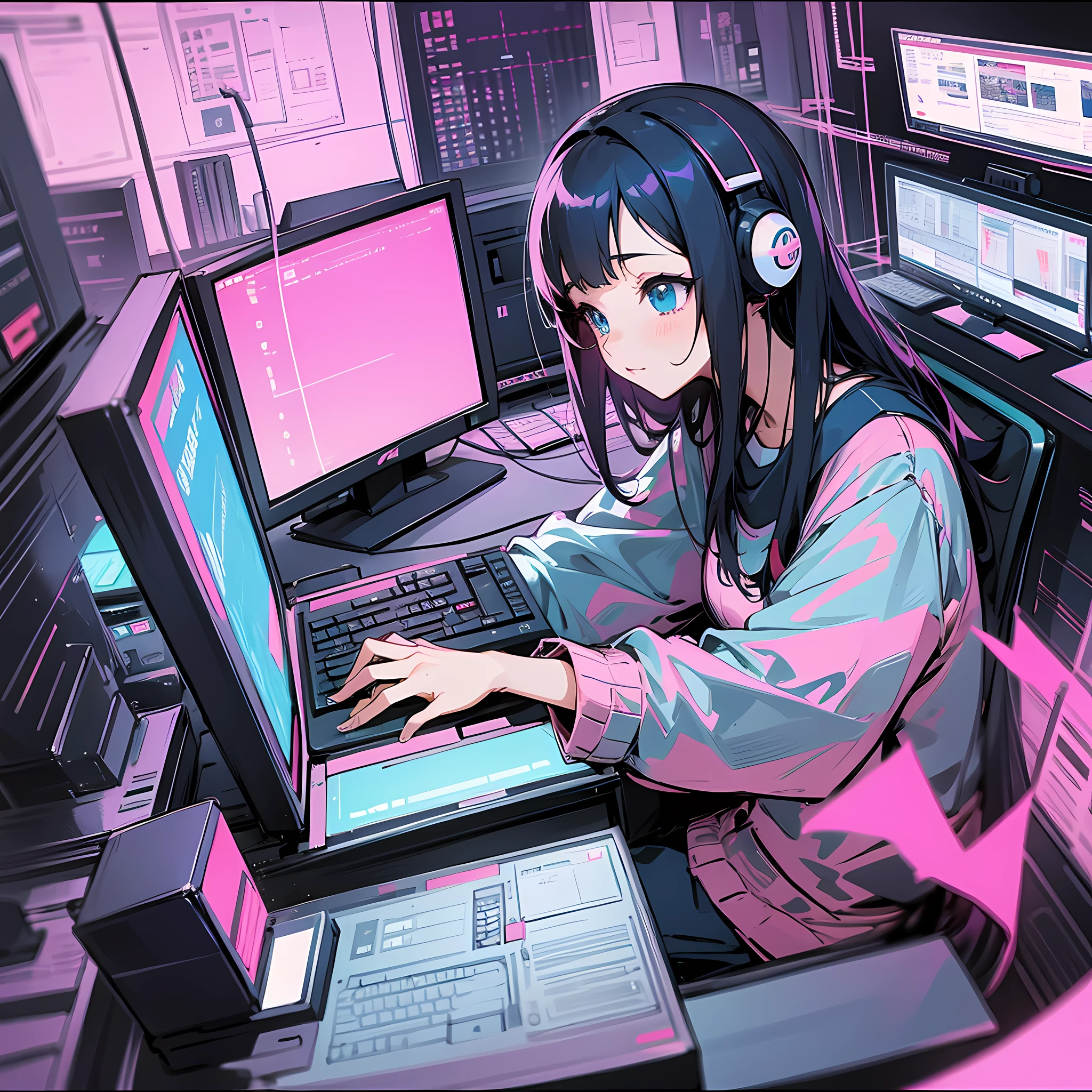 Cute anime girl with strawberry blonde hair programming on a computer, anime”  : r/dalle2