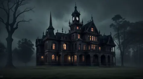 arafed image of a creepy mansion with a clock tower, spooky mansion, gothic mansion, haunted house themed, haunted gothic hotel,...