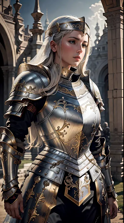Masterpiece, cinematic landscape, best quality, baroque, realistic, european woman, beautiful curves, white roman medieval armor...