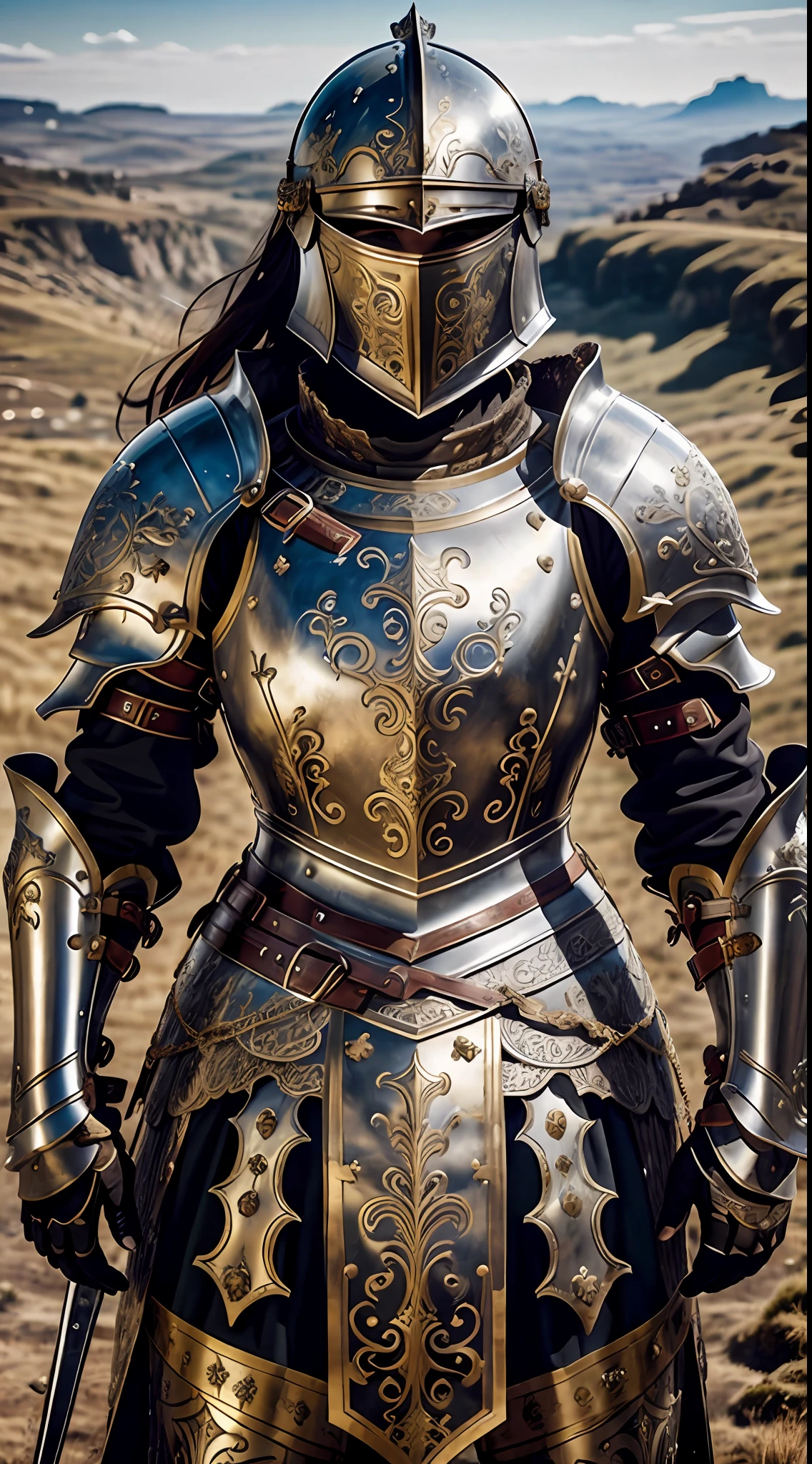 Masterpiece, cinematic landscape, best quality, baroque, realistic, european woman, beautiful curves, white roman medieval armor, worn armor, upper body, looking at the viewer, open field, battlefield
