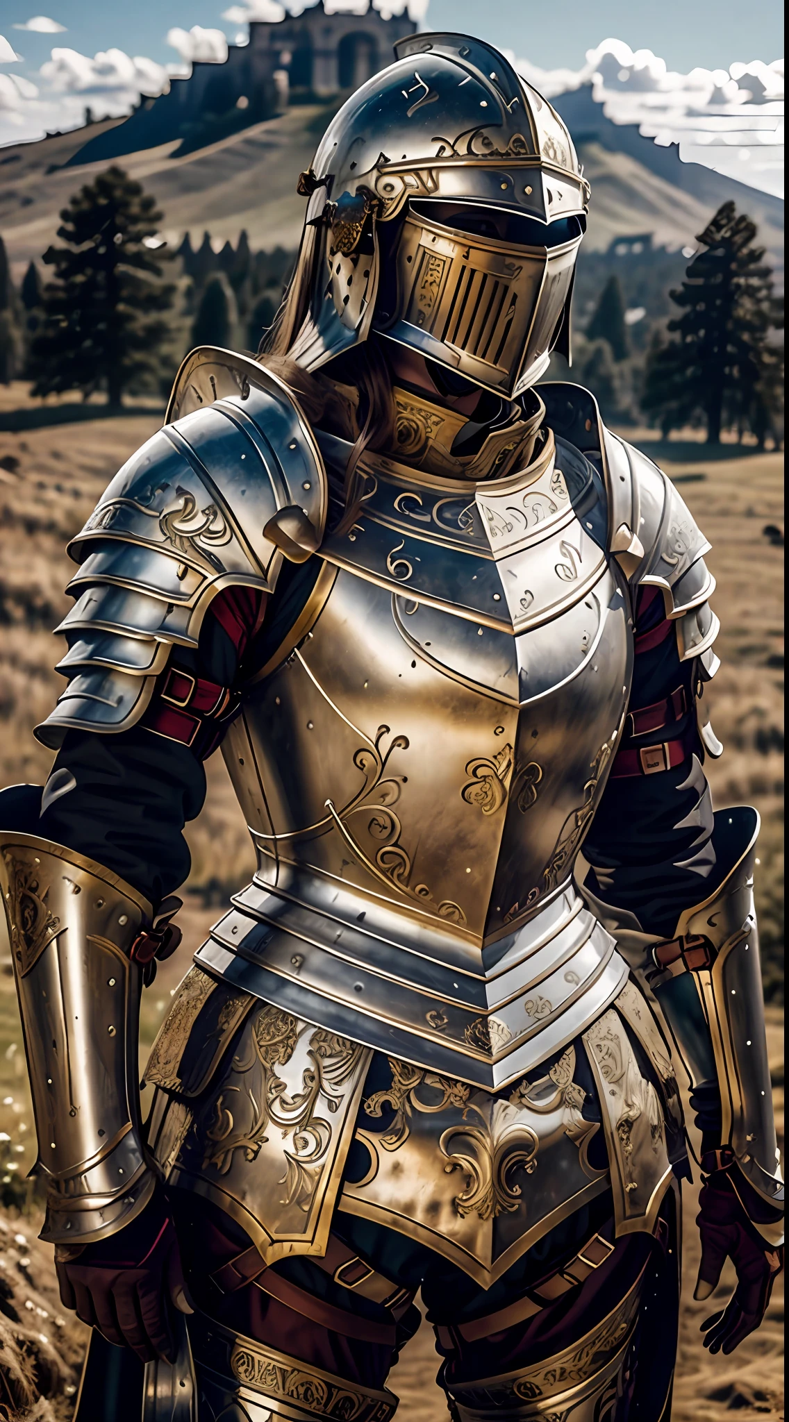 Masterpiece, cinematic landscape, best quality, baroque, realistic, european woman, beautiful curves, white roman medieval armor, worn armor, upper body, looking at the viewer, open field, battlefield