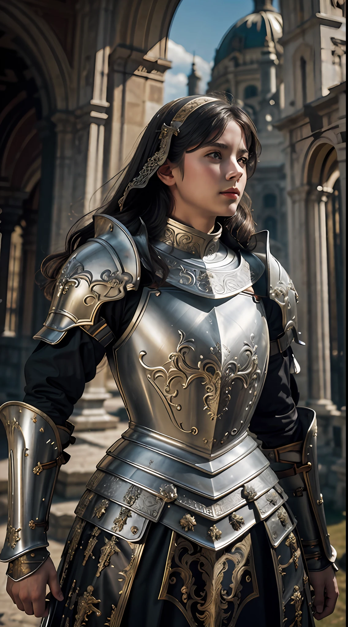 Masterpiece, cinematic landscape, best quality, baroque, realistic, european woman, beautiful curves, white roman medieval armor, worn armor, upper body, looking at the viewer, open field, battlefield