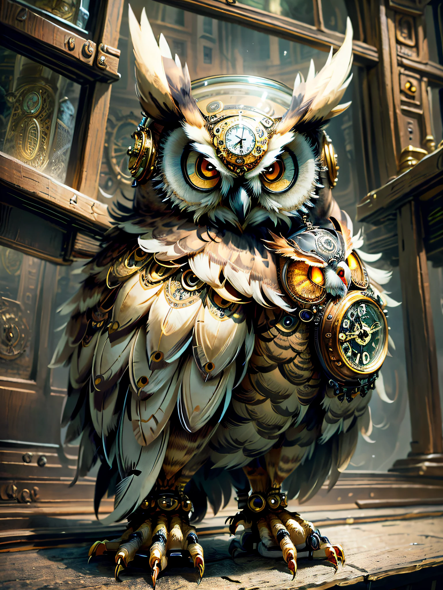 there is a large owl with a clock on its head, mechanical owl, high quality steampunk art, owl wizard, detailed steampunk illustration, 4k highly detailed digital art, steampunk owl inside a glass jar, high detailed official artwork, steampunk owl pocketwatch, hearthstone card game artwork. ”, steampunk illustration, nite - owl, digital steampunk art, radiant owl, steampunk art