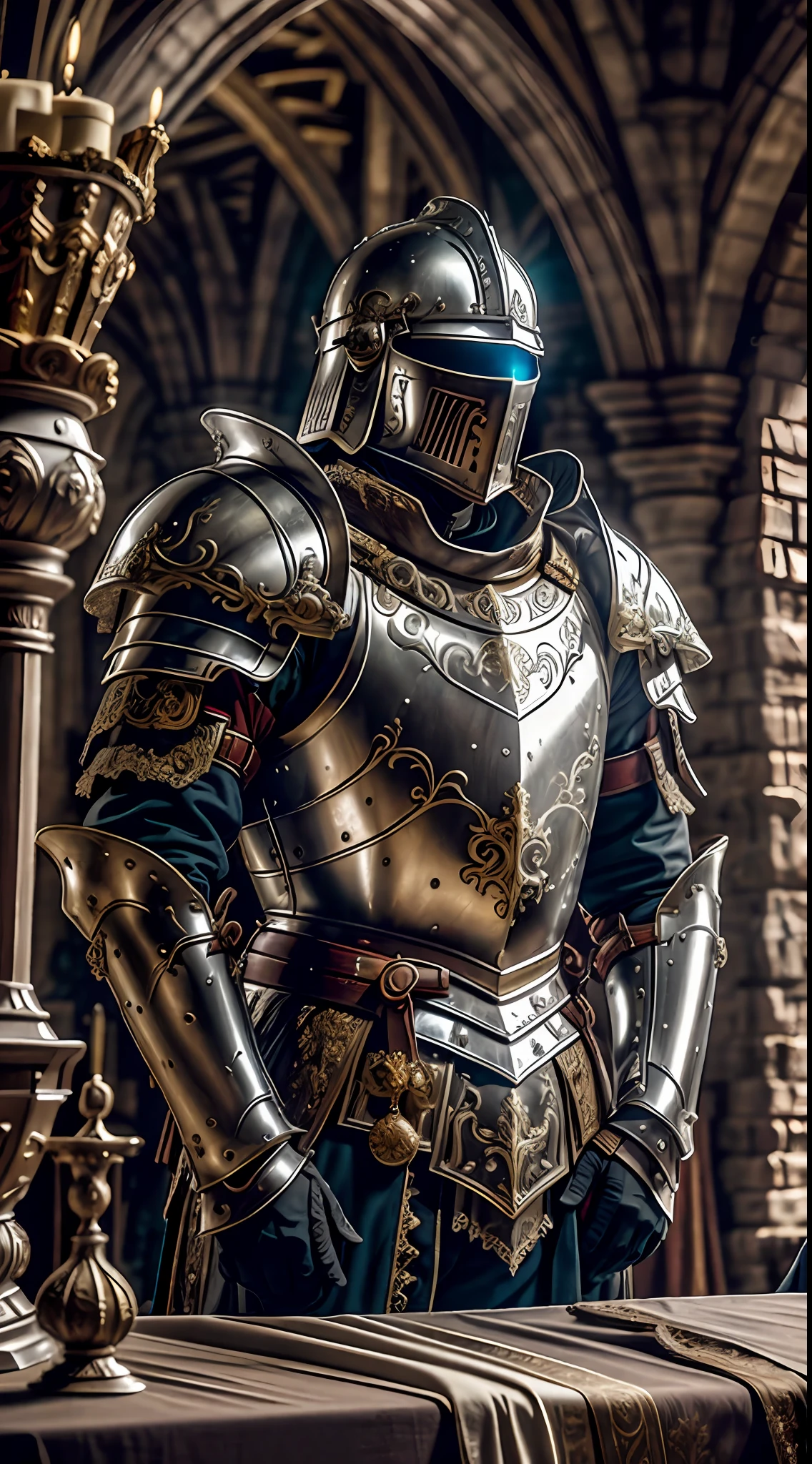 Obra maestra, paisaje cinematográfico, mejor calidad, barroco, Realista, , hombre, white Rohombre medieval armor, armadura desgastada, parte superior del cuerpo, mirando al espectador, en la habitación del rey dentro de un castillo