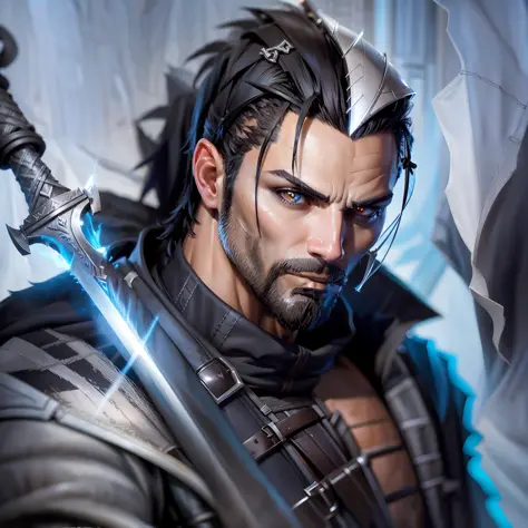 Create 1 wizard man, with sword, from The Witcher universe, strong, young, handsome, short black hair shaved on the side(dark ha...