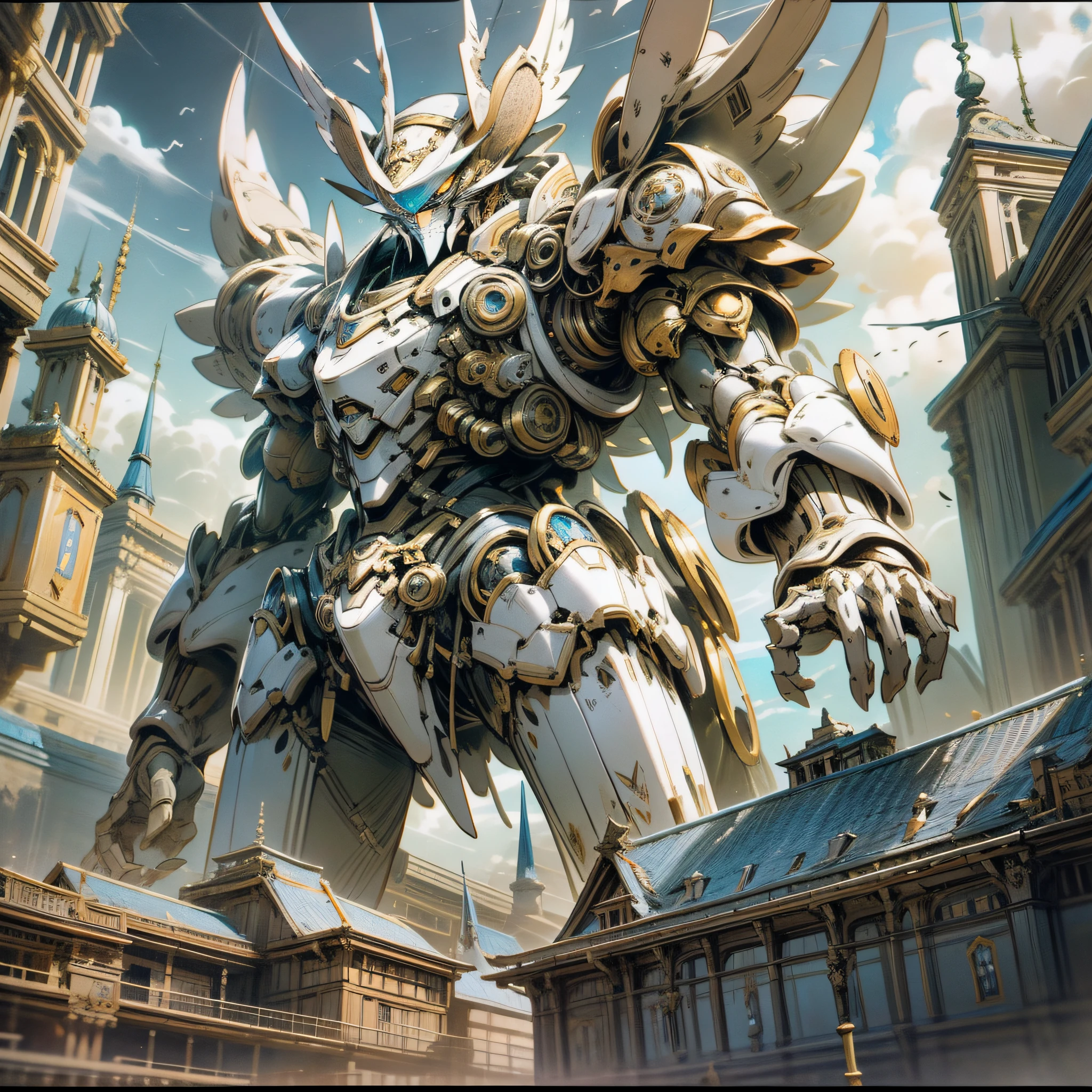 The building ledge features large mecha owls, mechanical owls, high detail official artwork, epic fantasy card game art with giant robot owls, 4K highly detailed digital art, Magic collection card art, fantasy card game art, Kaladesh concept art. Mechanical, Raymond Swanland's style, complete art, magic: gathering art, complete in the picture and not beyond the picture, is a bird type rather than a human form