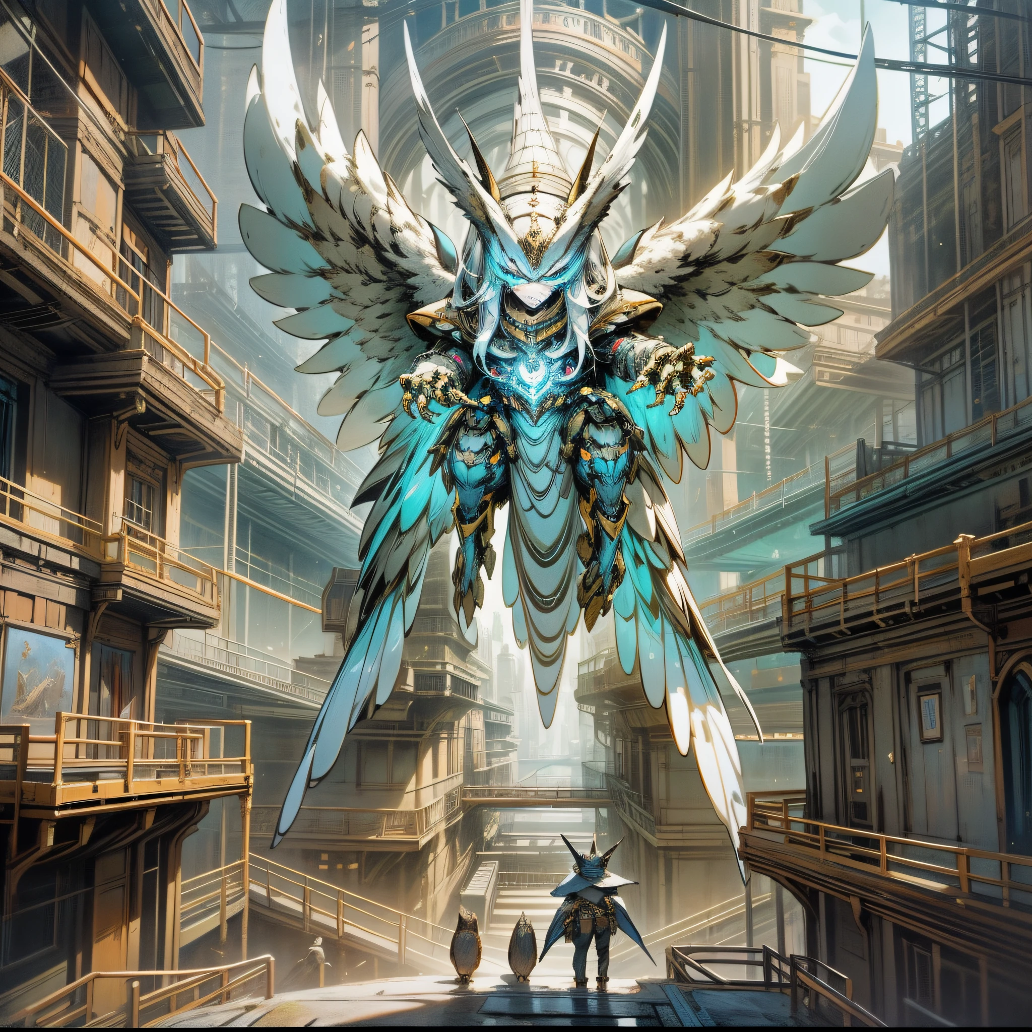 The building ledge features large mecha owls, mechanical owls, high detail official artwork, epic fantasy card game art with giant robot owls, 4K highly detailed digital art, Magic collection card art, fantasy card game art, Kaladesh concept art. Mechanical, Raymond Swanland's style, complete art, magic: gathering art, complete in the picture without going beyond the picture, is the form of a bird