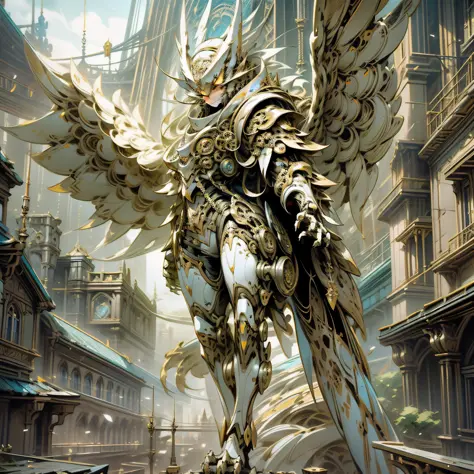 there is a large owl statue on a building ledge, mechanical owl, high detailed official artwork, epic fantasty card game art, wi...