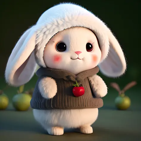 : 3. Rabbit, realistic, hairy, clothed animal, apple, dark circles, blush, cherry, food, fruit, full body, hat, non-human, straw...