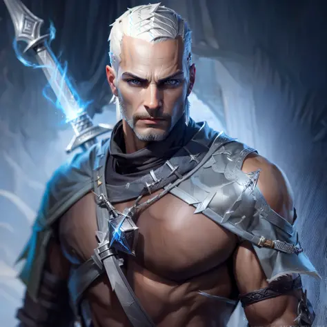 Create 1 wizard man, with sword, from The Witcher universe, strong, young, handsome, short black hair shaved on the side(dark ha...