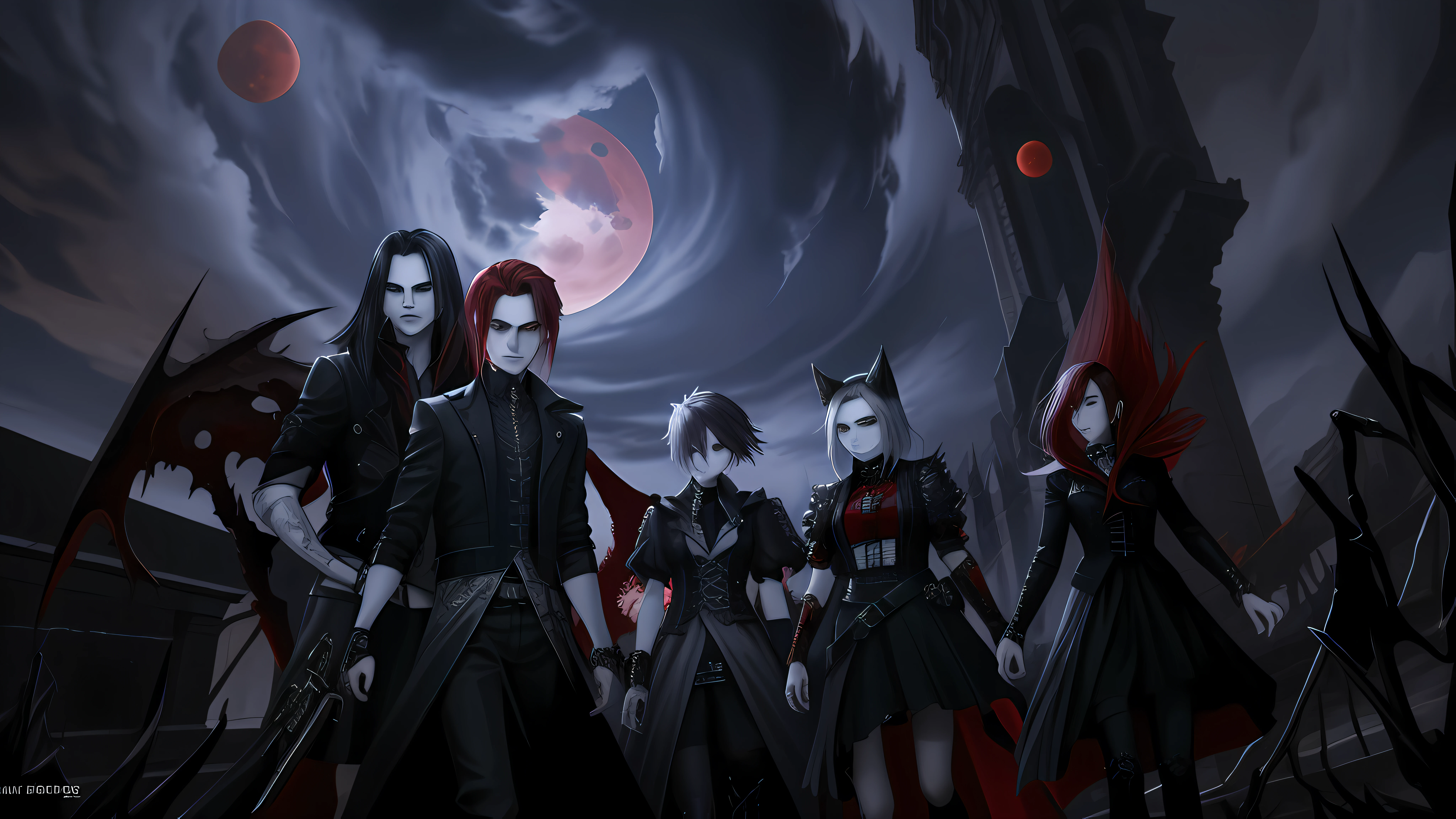 "A work of art, the best quality, ultra-detailed punk gothic with stylish fashion elements, with elements of a metal band, a blood moon looming against the background of a red moon, in high definition with HD texture."