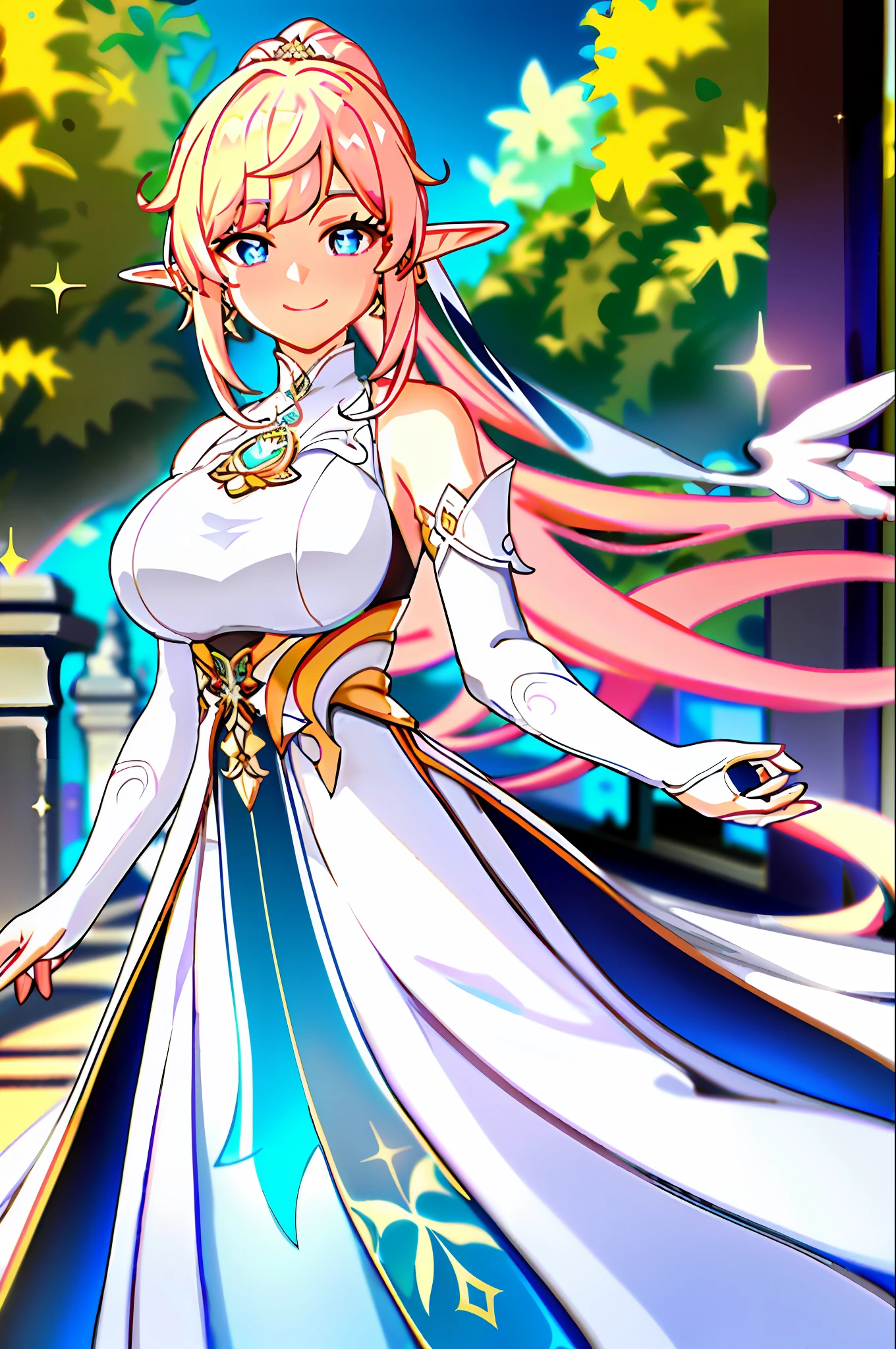 masterpiece, best quality, 1girl, solo, upper body, genshin impact, 1girl, elf ears, branch, large breasts, half-open mouth, elysia, huge breasts, large breasts, massive breasts, elysia (Honkai Impact), jewelry, long hair, huge dress, floating, flying, angelic, ponytail, blunt bangs, looking at viewer, ear cuffs, breasts, elegant white dress, elegant dress, white dress, long flowing dress, long dress, flowy dress, wedding dress, goddess, sparkles, stars, serene, elegant, beautiful, big smile, pink hair, blue eyes, pink pupils, pink pupils, blue eyes, pink pupils, sidelocks, smile, solo, dynamic pose, genshin,