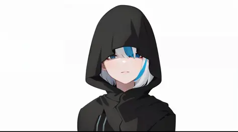 scan, (extremely detailed CG unit 8k wallpaper: 1.1), highres, (1girl), (white hair), (short hair), (multicolored hair), neutral face, black hood, hooded,