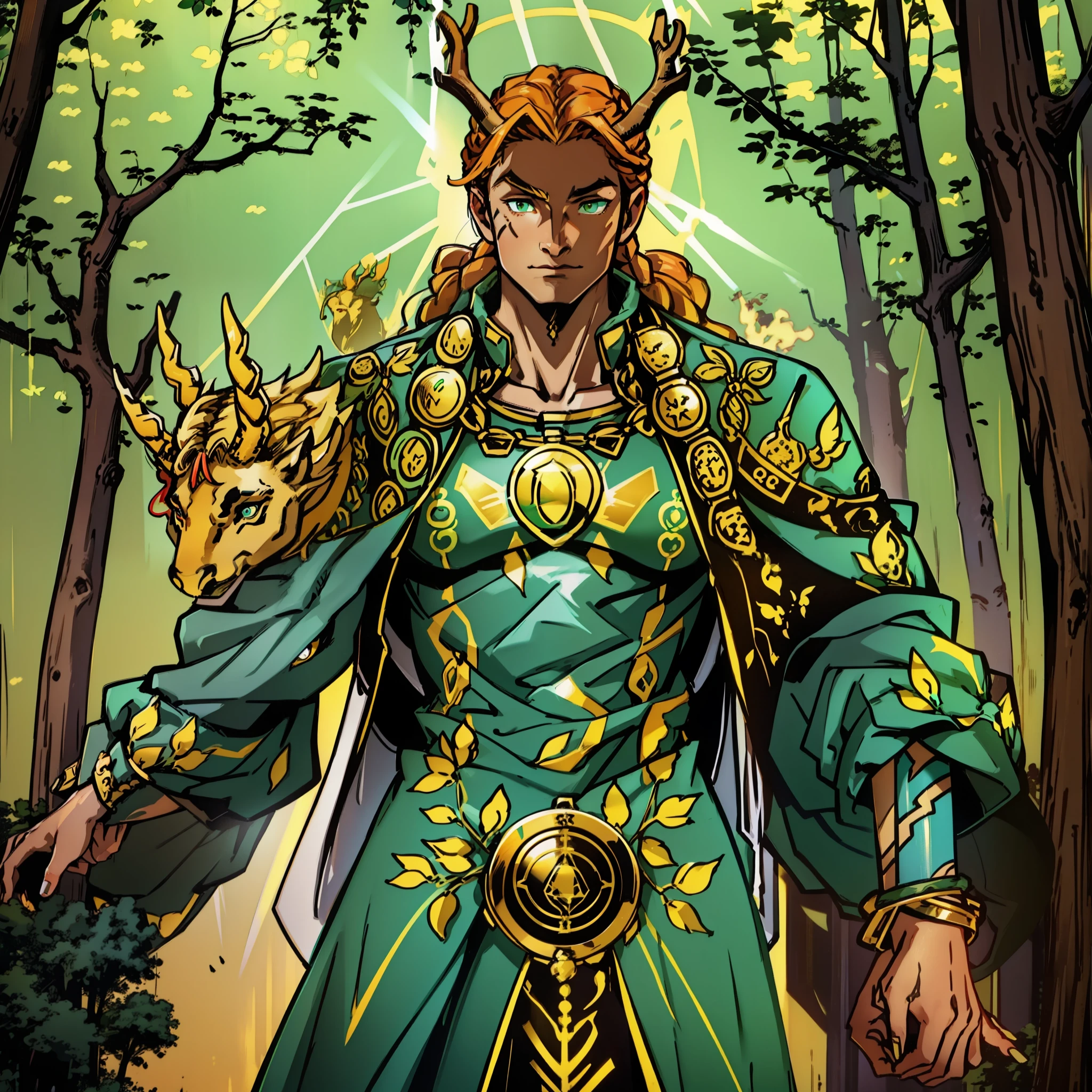 The god of nature. His body is athletic. It has deer horns. Her hair is long braided brown. His eyes are golden and bright. He wears a green robe with golden Celtic ornaments. He has golden Celtic tattoos in the shape of a horse. He carries a war hammer. It's in a forest