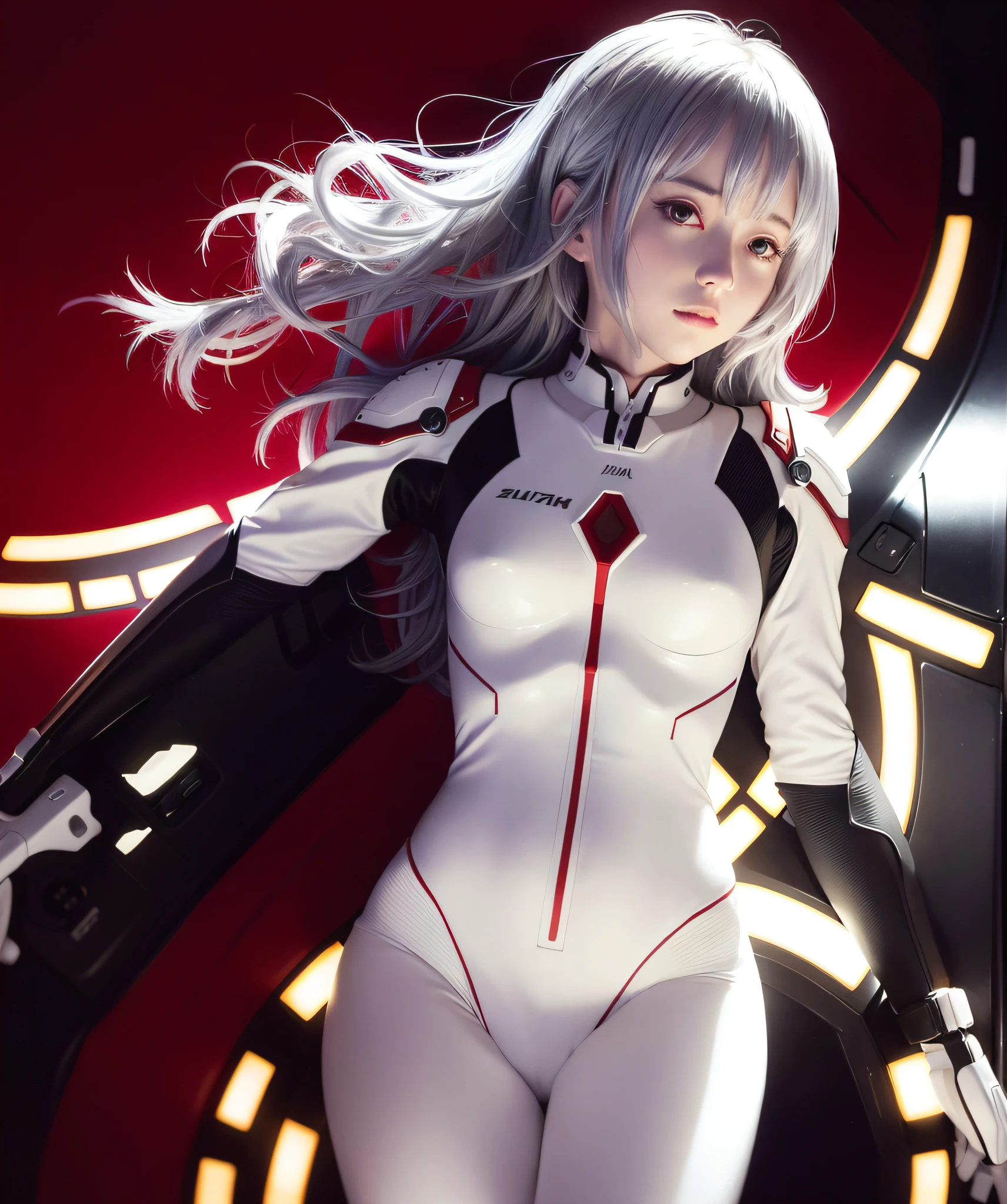 (8K, Best Quality, Masterpiece: 1.2), High Detail, Masterpiece, Ultra Detailed, Solo, 1Girl, (White: 1.5), (Delicate Eyes), ((Gray Hair)), Plugsuit, 1Girl, star_\(sky), short_hair, starry_sky, Bodysuit, ayanami_rei, Solo, night_sky, red_eyes, red_background, breasts, white_bodysuit, pilot_suit, lance_of_longinus, bangs, light_particles, ((triangular psychic devices on both sides of the head)), souryuu_asuka_langley, taut_clothes, mid-chest, bokeh, mechanical technology clothes, The small logo pattern on the chest is zero and sexy