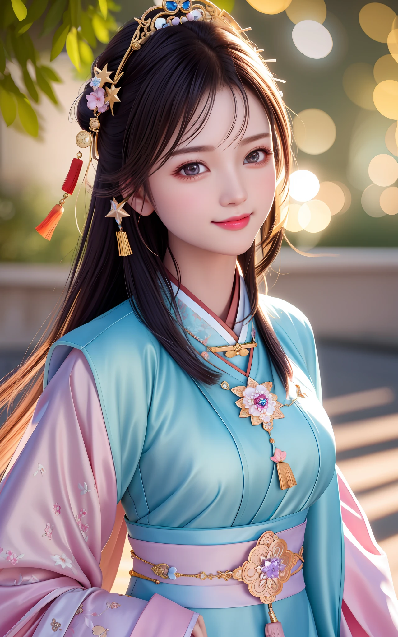 Face Close-up, Naughty Smile, Awesome, Masterpiece, High Resolution, 1girl, Blush, (Seductive Smile: 0.8), Star Eyes, Chinese Hanfu, Hair Accessories, Necklaces, Jewelry, Beauty, on_body, Tyndall Effect, Realistic, Shadow Room, Light Edge, Two-tone Lighting, (High Detail Skin: 1.2), 8K UHD, DSLR, Soft Light, High Quality, Volume Lighting, Voyeur, Photo, High Resolution, 4K, 8K, Background Bokeh, Close-up of Face,