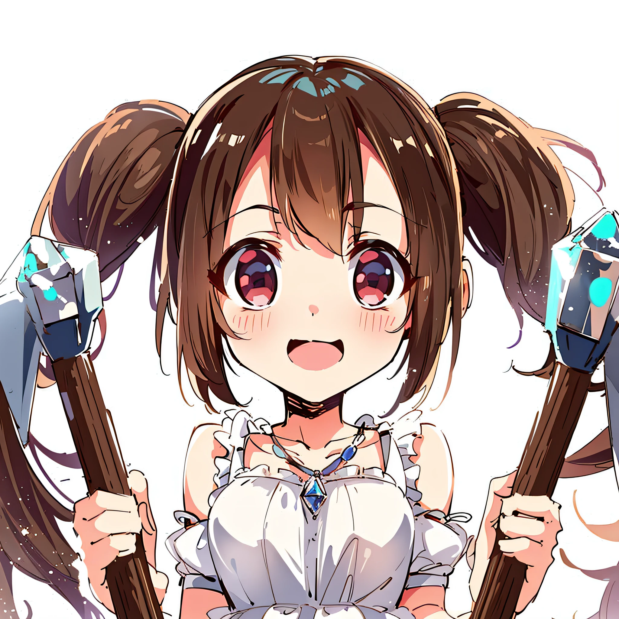 Anime girl with two big axes in hand, anime moe art style, splash art anime loli, cute girl anime visual, cute anime girl, little loli girl, small curve loli, digital anime art!, ahegao, fleet collection style, [4K digital art]!, pixiv contest winner, cute anime, Twin tails, transparent background, Minecraft diamond ice axes and diamond axes