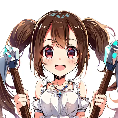 Anime girl with two big axes in hand, anime moe art style, splash art anime loli, cute girl anime visual, cute anime girl, littl...