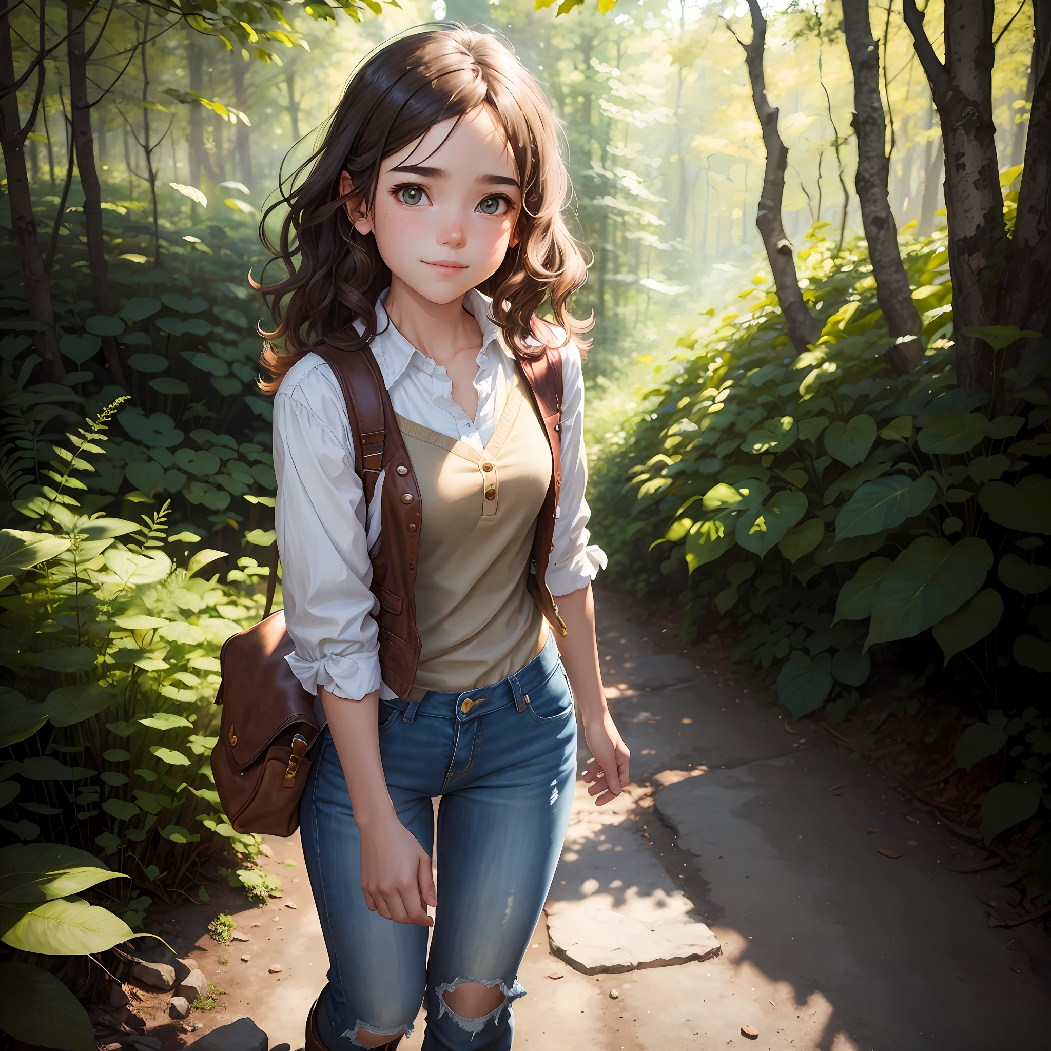 il y a une femme qui marche sur un chemin dans les bois, fille animée dans la vraie vie, Makoto Shinkai et Artgerm, Makoto Shinkai. Rendu numérique, À la manière de Makoto Shinkai, Jeune fille anime réaliste, À la manière de Makoto Shinkai, style artistique makoto shinkai, À la manière de Makoto Shinkai, rendu photoréaliste d&#39;une fille animée,Laura est une fille aux cheveux châtain clair, qui tombait en boucles douces sur ses épaules. Ses yeux étaient grands et brillants, la couleur du miel, plein de curiosité et de courage. Son sourire était contagieux, éclairer l&#39;environnement autour de lui. Elle avait un petit, nez retroussé, qui complétait son visage délicat. Laura était petite et agile, toujours prêt à explorer de nouveaux endroits et à relever des défis. Elle portait un confortable, tenue colorée, avec un gilet en cuir marron, un chemisier à fleurs, et un jean déchiré. Sur ses pieds, elle portait de solides bottes de randonnée, parfait pour ses aventures dans les bois. Laura avait une étincelle spéciale dans les yeux qui reflétait sa nature aventureuse et sa capacité à trouver de la magie dans tous les coins.