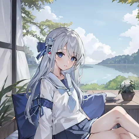 anime girl sitting on a chair with a view of a lake, smooth anime cg art, anime visual of a cute girl, anime style 4 k, anime ar...