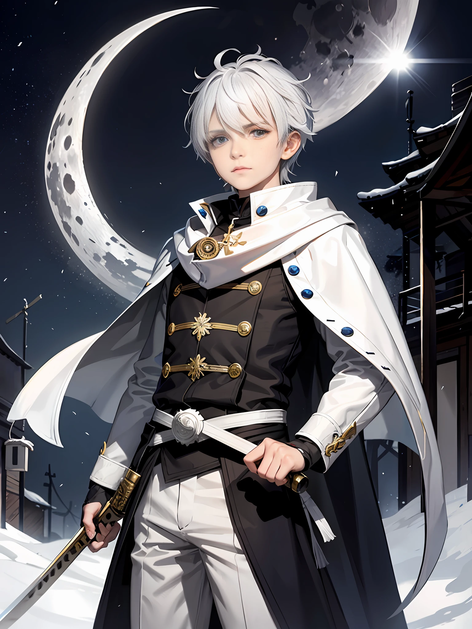 An 8-year-old boy with white hair and silver eyes, known for having great combat skills with ice magic. He wears white clothes like the light of the full moon with a long scarf around his neck, in addition he also carries a katana with the blessing of the goddess of the moon that he carries on the left side of his waist (the setting is of a village during a blizzard)