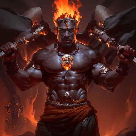 A closeup of a man with two axes in his hands, ancient blacksmith god, xango god, djinn man fire lord, male, legendary god holding2 axes, forge god, humanoid muscle, african mythology, fire god, male djinn man, fire crown, giant fire --auto --s2
