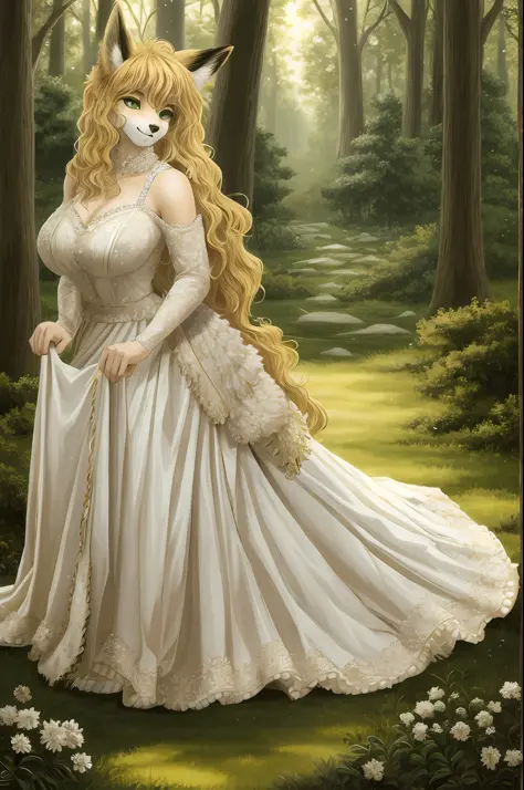 masterpiece, best quality, absurdities, maximum details, intricate details, a hairy anthro fox woman, blonde hair, green eyes, k...