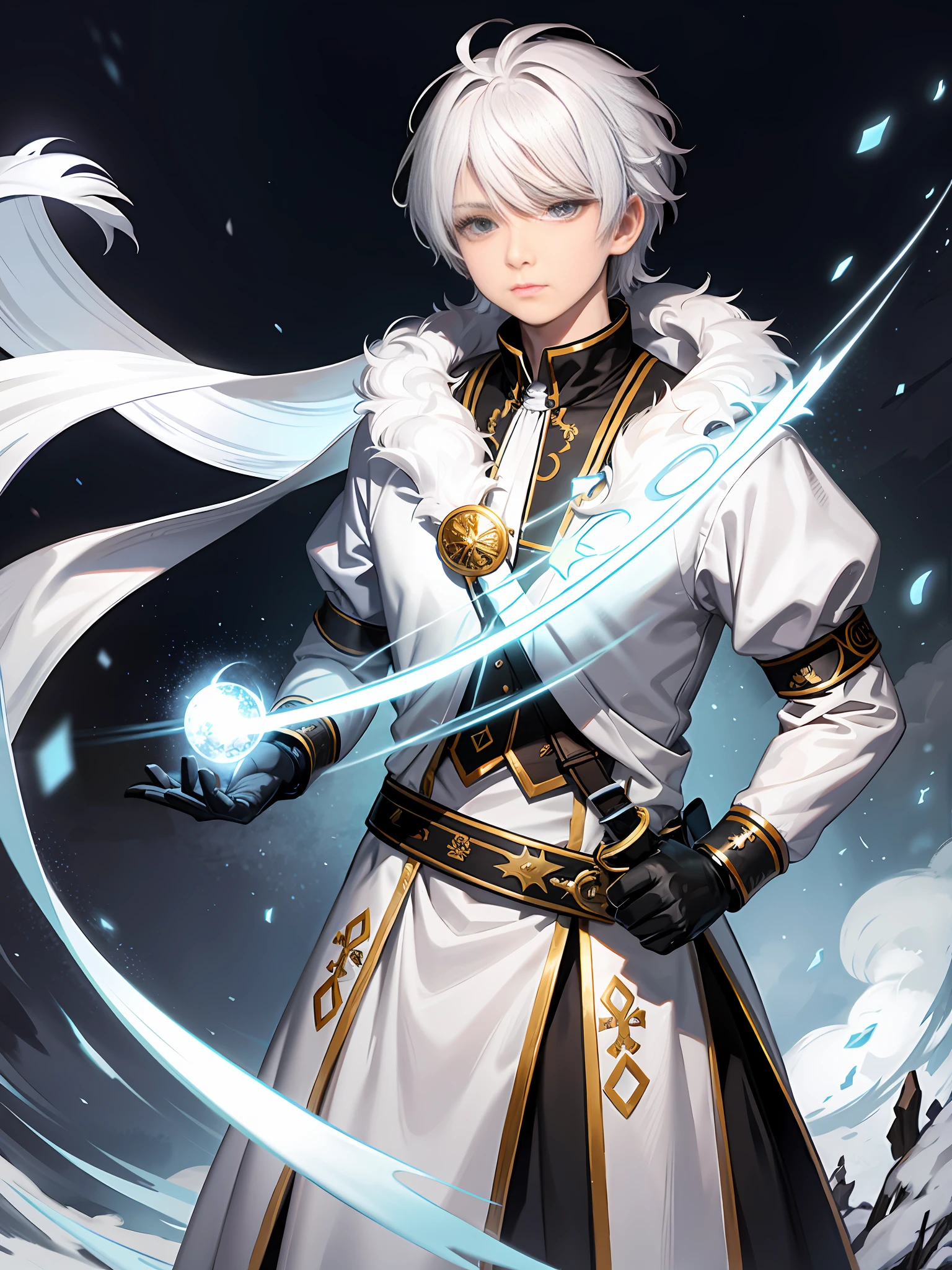 An 8-year-old boy with white hair and silver eyes, known for having great combat skills with ice magic. He wears white clothes like the light of the full moon with a long scarf around his neck, in addition he also carries a katana with the blessing of the goddess of the moon that he carries on the left side of his waist (the setting is of a village during a blizzard)