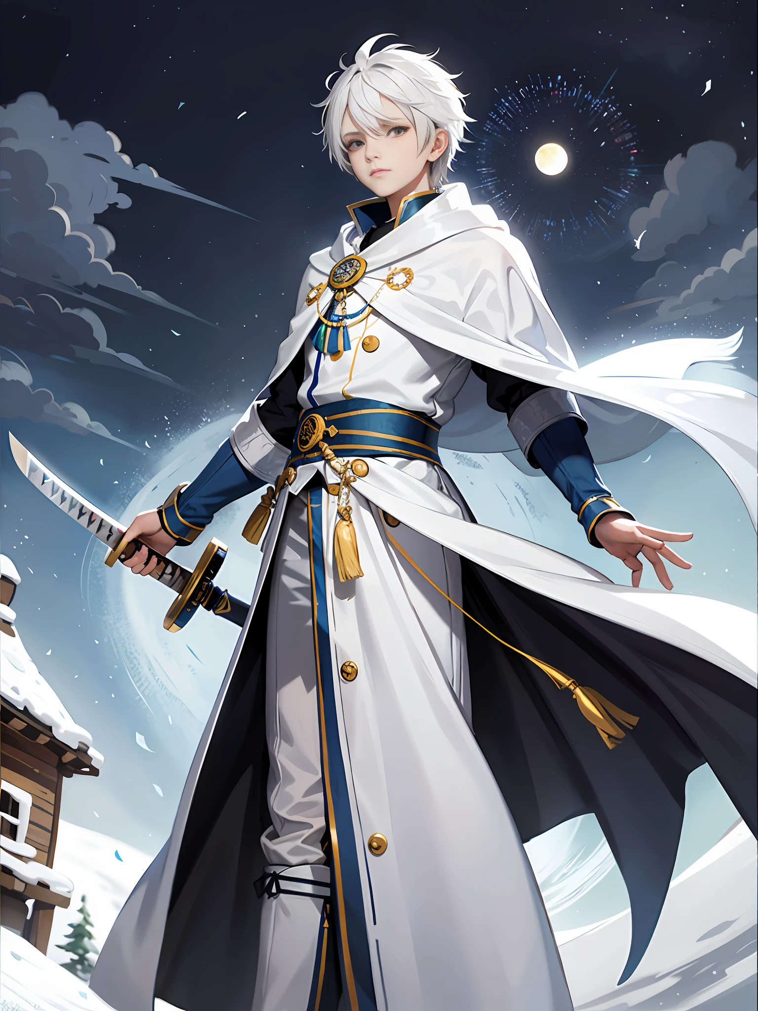 An 8-year-old boy with white hair and silver eyes, known for having great combat skills with ice magic. He wears white clothes like the light of the full moon with a long scarf around his neck, in addition he also carries a katana with the blessing of the goddess of the moon that he carries on the left side of his waist (the setting is of a village during a blizzard)