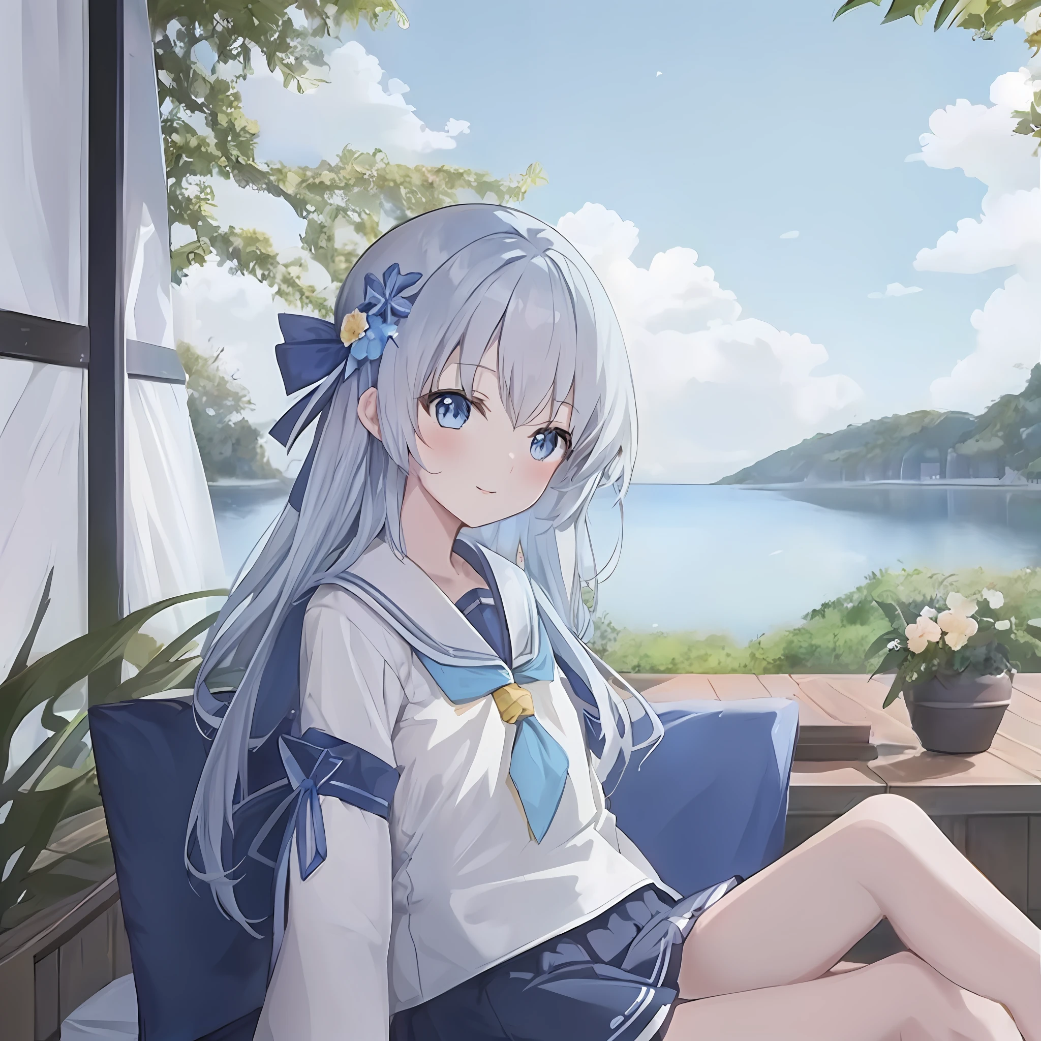 anime girl sitting on a chair with a view of a lake, smooth anime cg art, anime visual of a cute girl, anime style 4 k, anime art wallpaper 8 k, 4k anime wallpaper, high detailed official artwork, anime moe artstyle, anime art wallpaper 4 k, anime art wallpaper 4k, anime wallpaper 4 k, anime wallpaper 4k