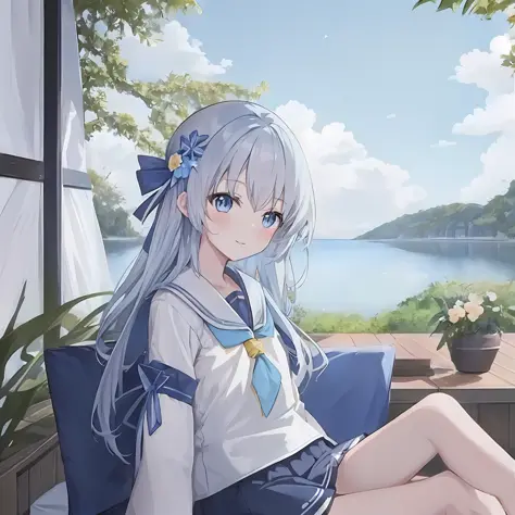 anime girl sitting on a chair with a view of a lake, smooth anime cg art, anime visual of a cute girl, anime style 4 k, anime ar...