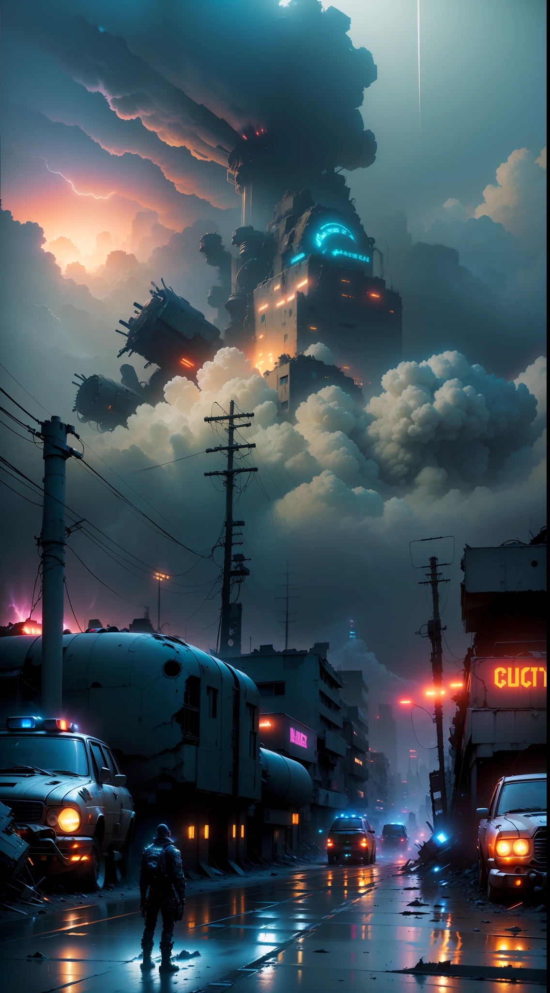 (wide view), wasteland, city ruins, (a man in front of ((huge mech wreckage)), dim light, streets, collapsed utility poles, scattered power lines, electric sparks, tattered future vehicles, garbage heaps, standing water in the big beach, rocks, dense weeds, dense dust smoke, ruined neon lights, heavy clouds, dusk, high quality, (super fine), (light detailed), detailed, accurate, 16k resolution, master works, (movie lights) , (cyberpunk style), dynamic perspective