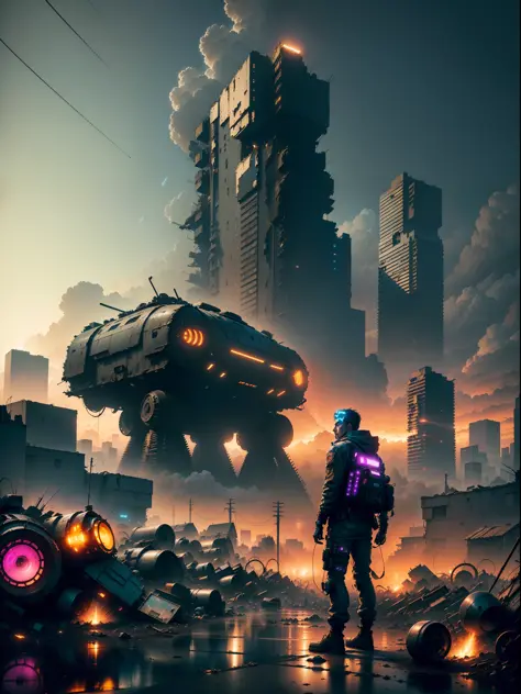 (wide view), wasteland, city ruins, (a man in front of ((huge mech wreckage)), dim light, streets, collapsed utility poles, scat...