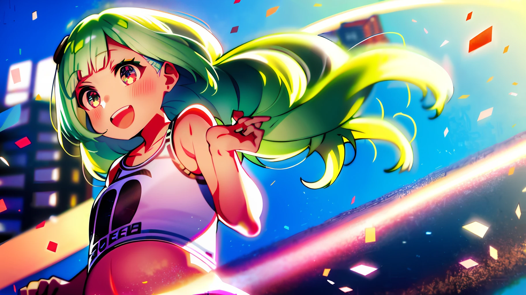 mika pikazo, girl,background crowds, chubby cheek, multicolored hair, green hair, white hair, blue sky, city background, sky crapper, Building,colorful, red particle, white flower petal, white dress, frilly dress , crop top dress , floating hair, light blush, light particles, long hair, open mouth, pink eyes, multicolored eyes, portrait, signature, smile, solo,dog ears, Chubby, plump, chubby belly, plump belly, small chest, exposed belly, translucent dress