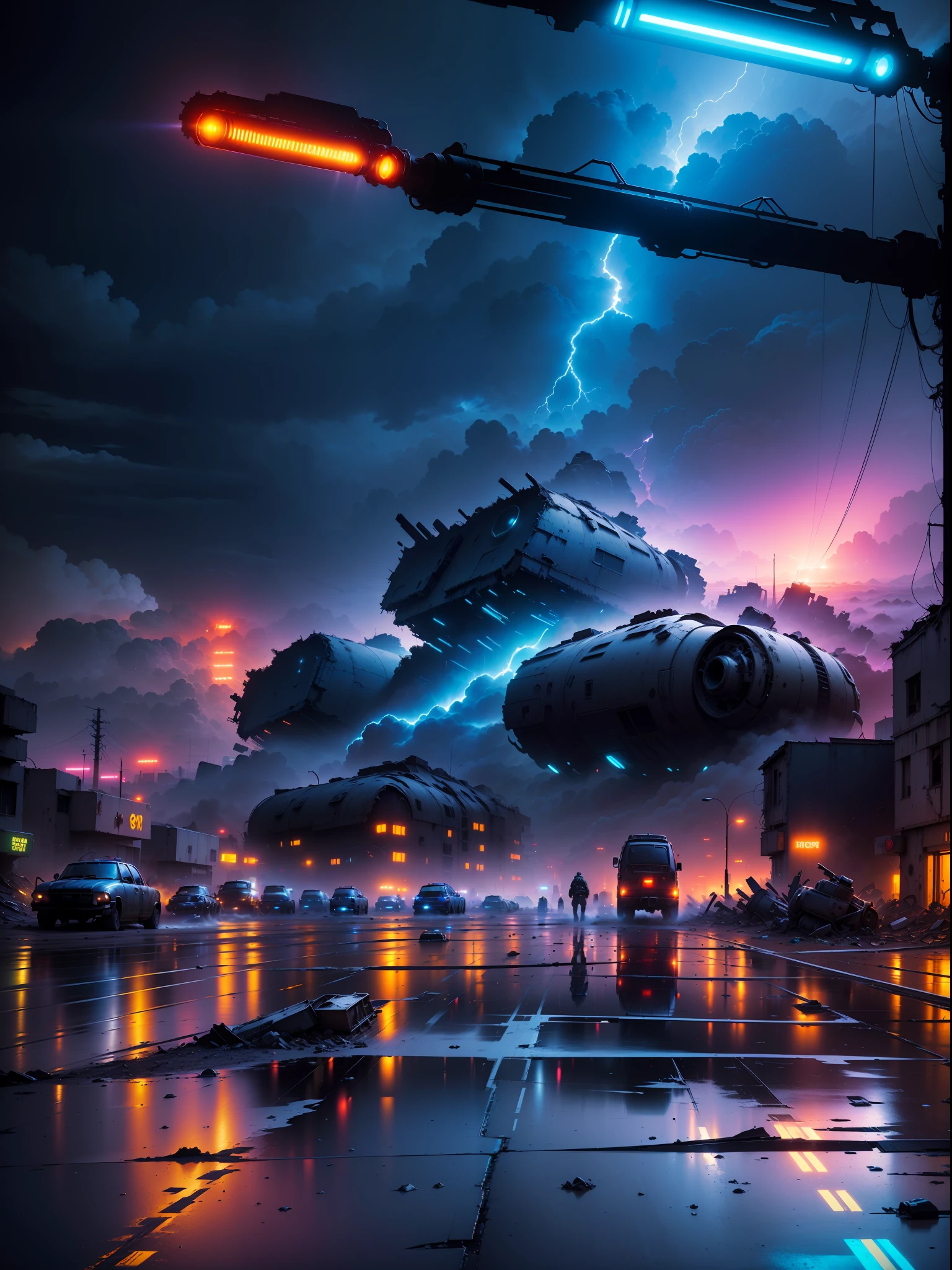 (wide view), wasteland, city ruins, (a man in front of ((huge mech wreckage)), dim light, streets, collapsed utility poles, scattered power lines, electric sparks, tattered future vehicles, garbage heaps, standing water in the big beach, rocks, dense weeds, dense dust smoke, ruined neon lights, heavy clouds, dusk, high quality, (super fine), (light detailed), detailed, accurate, 16k resolution, master works, (movie lights) , (cyberpunk style), dynamic perspective