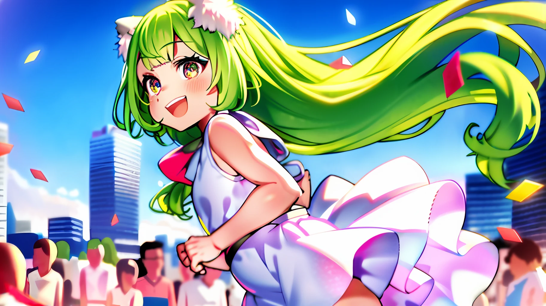 mika pikazo, girl,background crowds, chubby cheek, multicolored hair, green hair, white hair, blue sky, city background, sky crapper, Building,colorful, red particle, white flower petal, white dress, frilly dress , crop top dress , floating hair, light blush, light particles, long hair, open mouth, pink eyes, multicolored eyes, portrait, signature, smile, solo,dog ears, Chubby, plump, chubby belly, plump belly, small chest, exposed belly, translucent dress