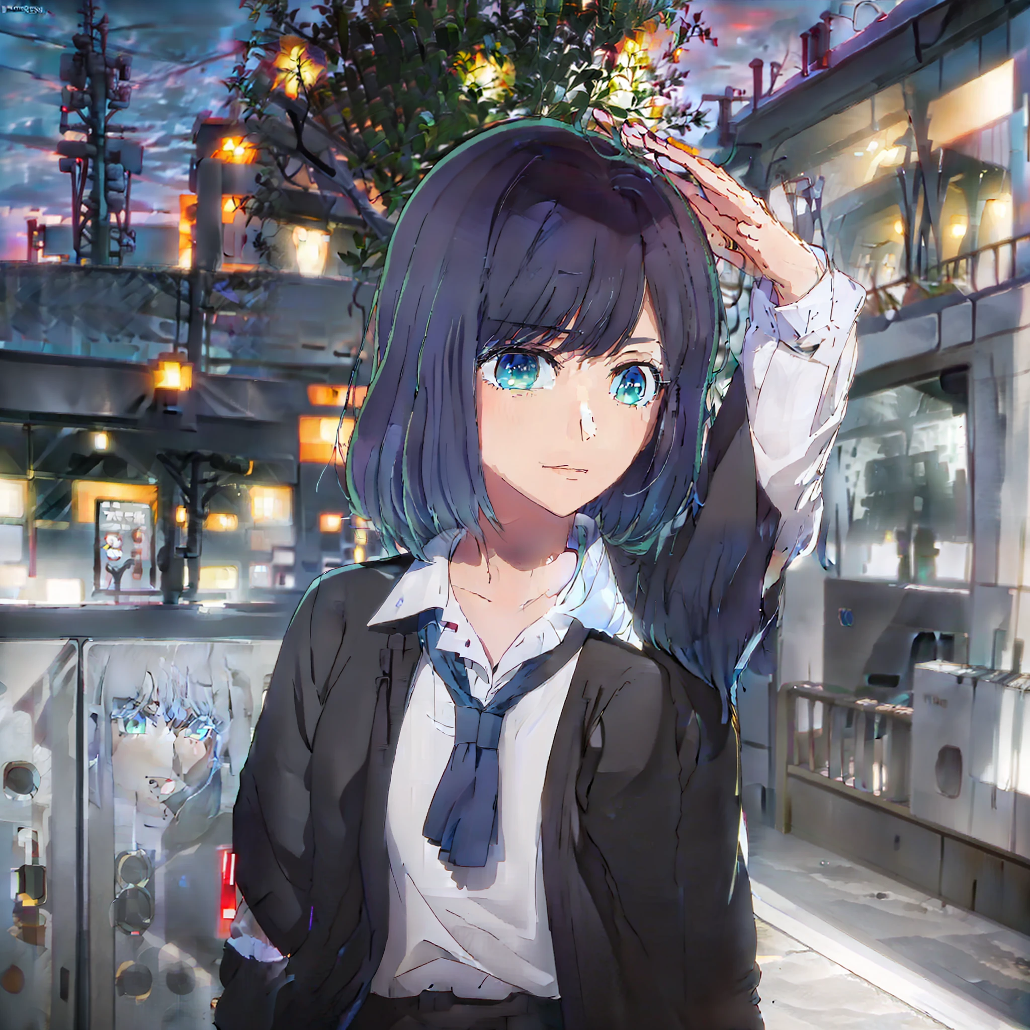 IsometricFuture, Anime Style School, corte isométrico, cielo nocturno, vista de la ciudad, profundidad de campo, 1girl, short hair, solo, blue hair, blue eyes, closed mouth, blurry background, upper body, black hair, school uniform, school class, black jacket