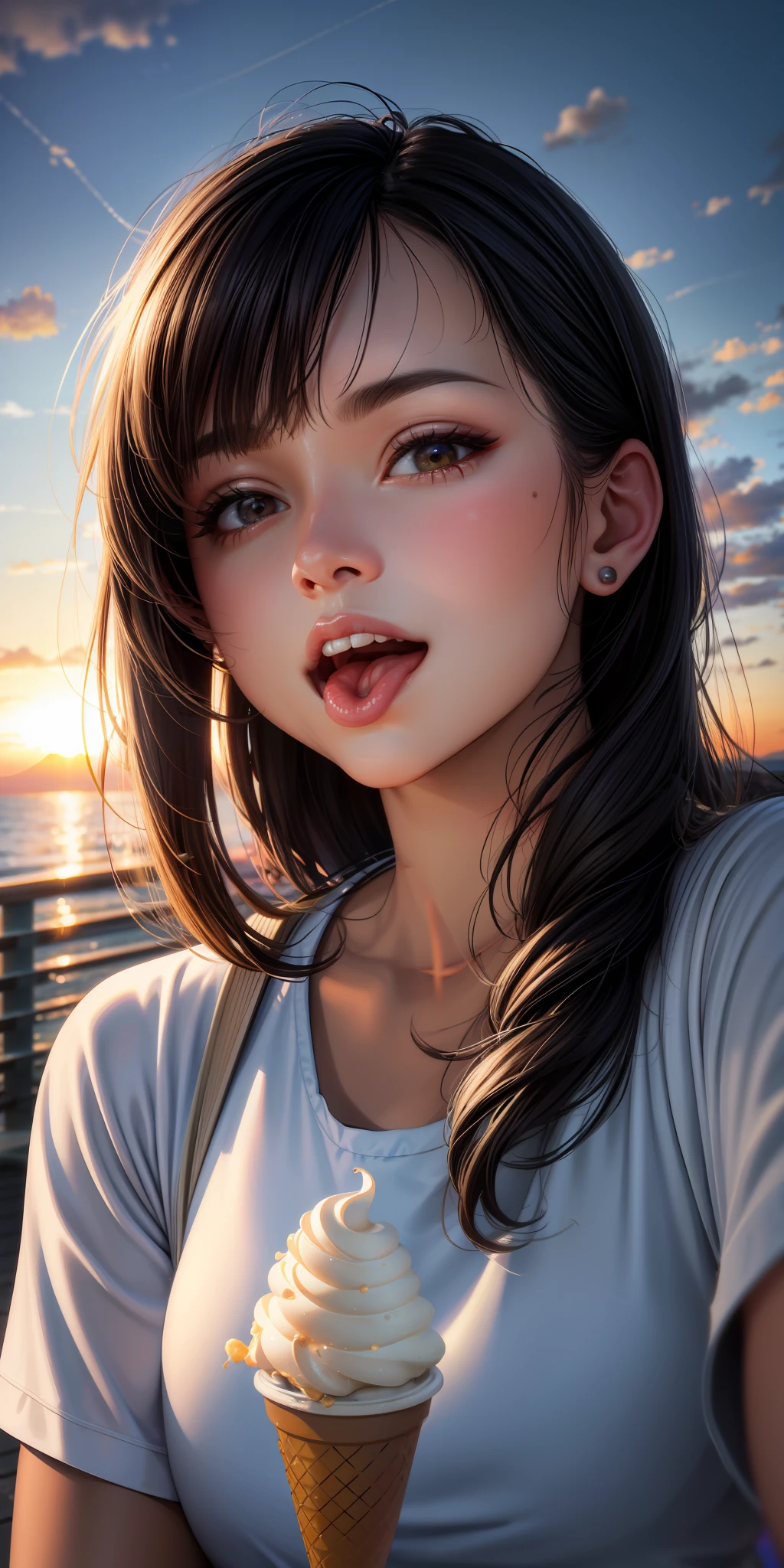 realistic, woman, selfie, wide mouth, licking, soft serve ice cream, face zoom, background sunset