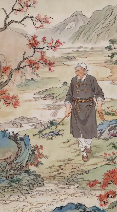chinese painting, mountain, rock, flower, grass, river, tree, mountain in the distance, (sitting old man), (walking farmer), van...
