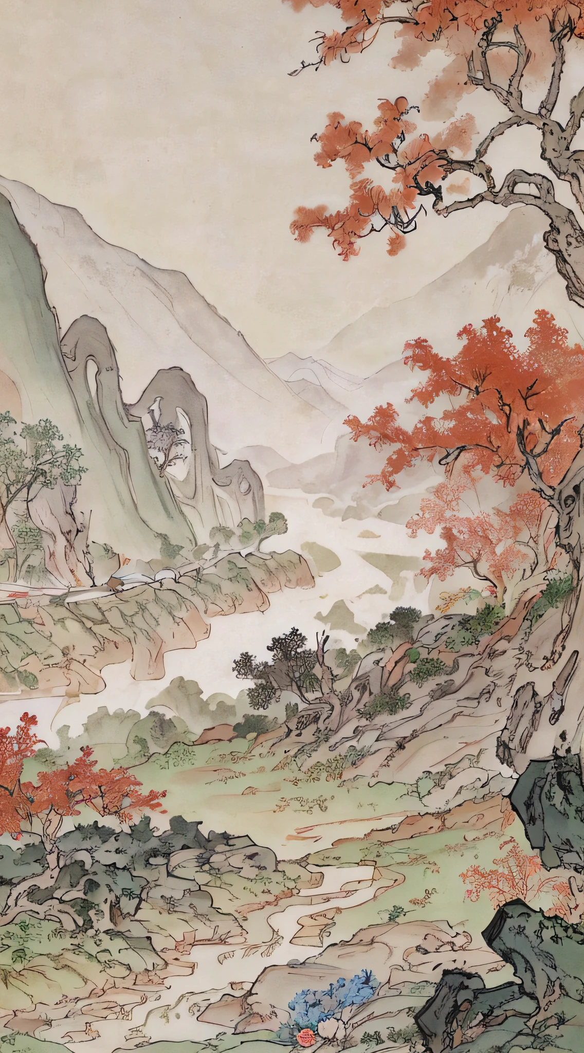 中国画, 山, 岩石, 花, 草, 河, 樹, 山 in the distance, (坐著的老人), (行走的農民), 消失点, 35毫米, 超高畫質, 傑作, 準確, 高細節, 獲獎的, 最好的品質, 4k