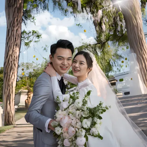 bride and groom posing for a photo in a park, 🤬 🤮 💕 🎀, professional wedding photography, wedding photo, lovely couple, happy couple, ruan jia and fenghua zhong, wedding photography, sha xi, ruan jia and brom, bride and groom, luxurious wedding, wedding, na...