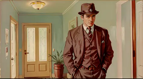 male detective, wearing a hat, looking stern, standing in the hallway of a house, vintage art, illustration, upper body perspect...