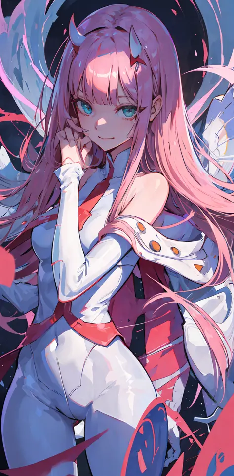 zero two \(darling in franxx\), darling in franxx, 1girl, bangs, bite, shadow, green eyes, horns, long hair, smiling, looking at...