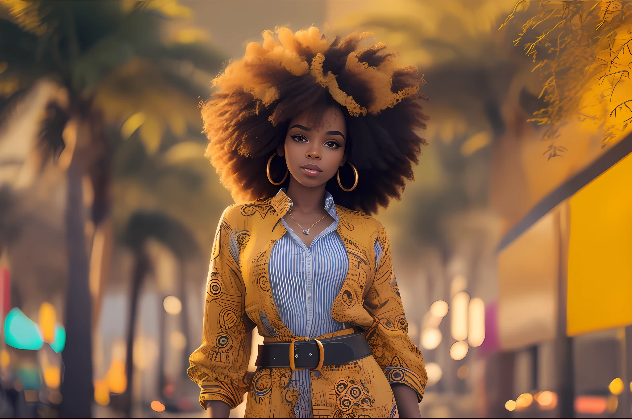 femme de 29 ans afro-brésilienne , cheveux bouclés , fond jaune et ceinture , flou et cinématographique , Publicité