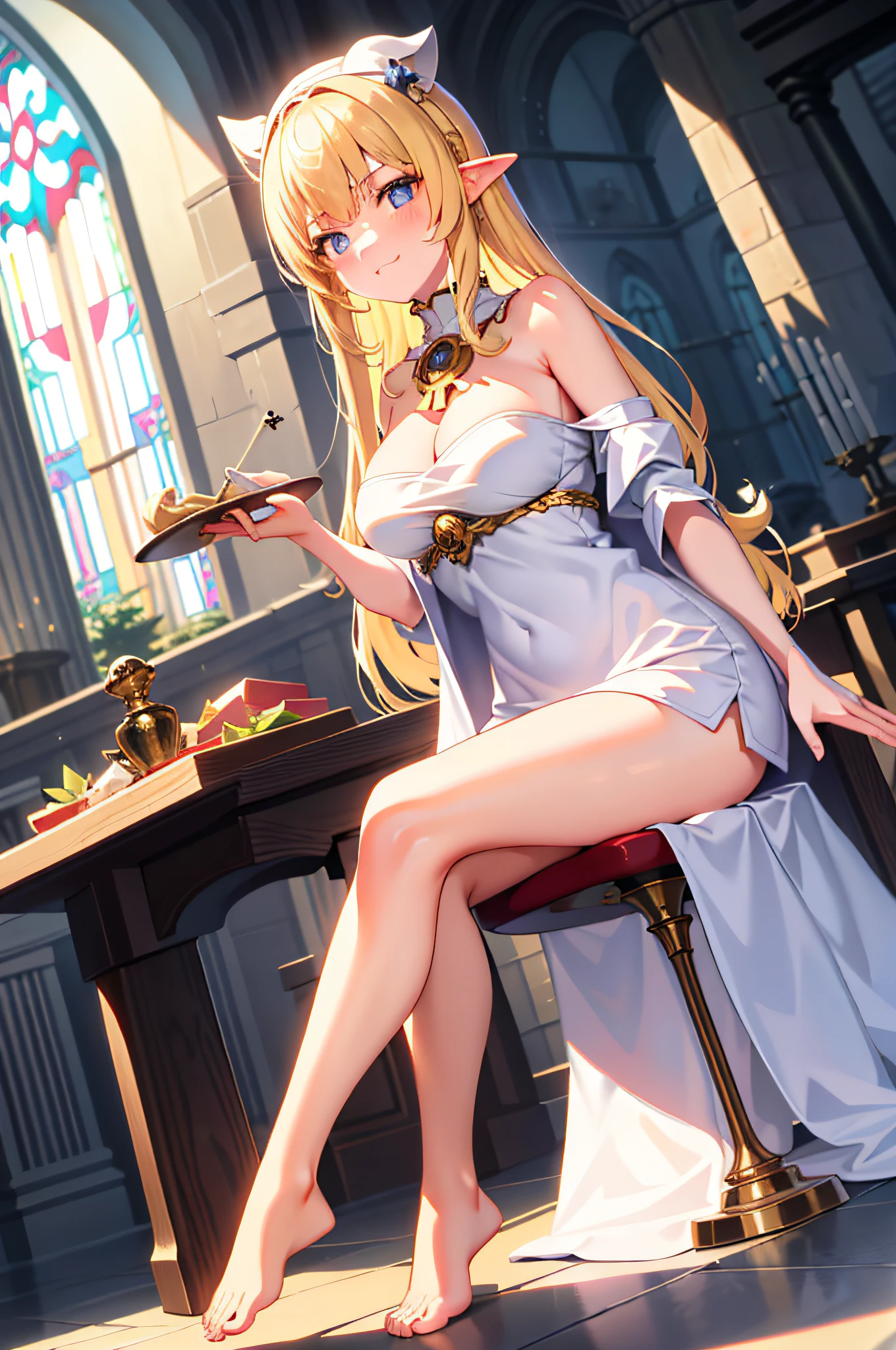 masterpiece, priestess, 1girl, best quality, {looking at viewer}, from below, {foot}, proud, smug, crazy, \(^o^)/ , white long flowing robes, long hair, cathedral interior, stained glass windows, holy magic, sole, perspective, golden glow, golden light, big breasts, toes, full_body, altar, candles, blonde hair, foot_stool,