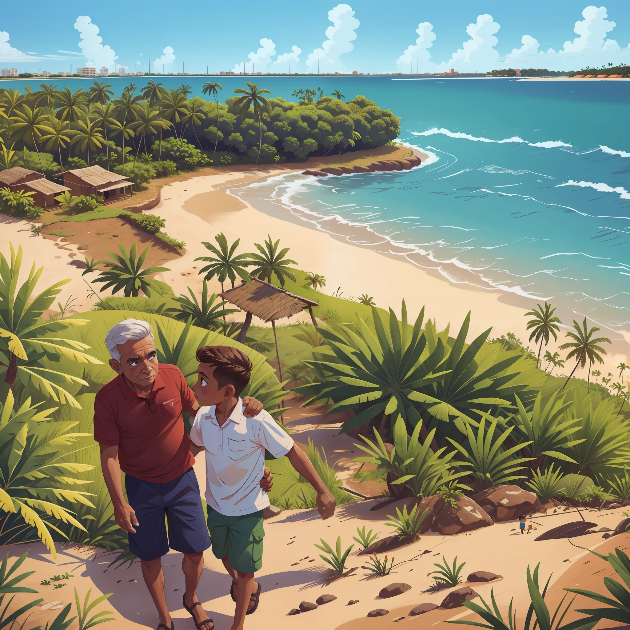 Gabriel exploring the outskirts of Bahia das Palmeiras, with his grandfather, Seu Joaquim, in the background.