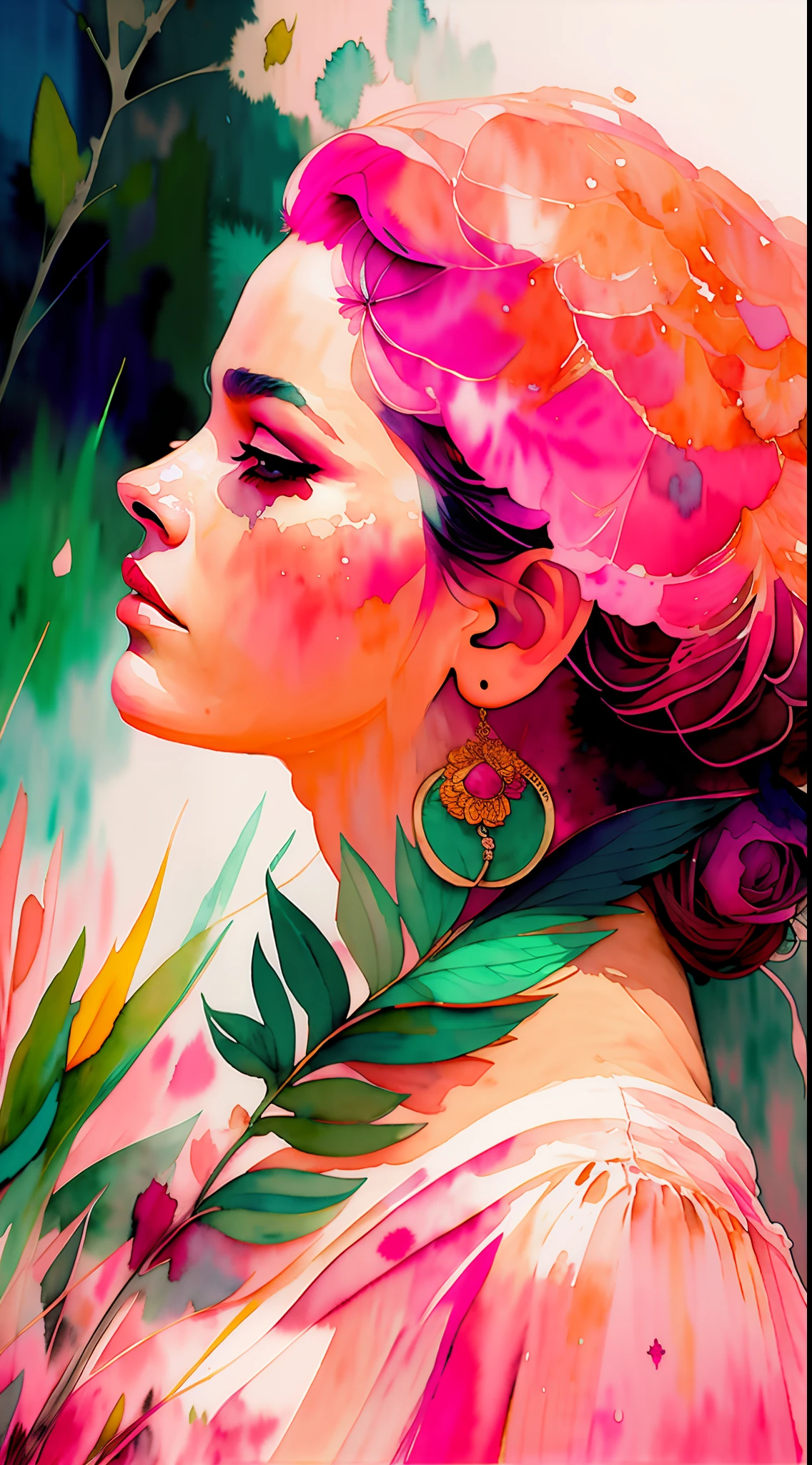 Wtrcolor style, (pink) digital art, formal art, gone with the wind, masterpiece, beautiful, ((watercolor)), paint splashes, intricate details. Excellent detail, [drop:0.7], Trending on Artstation, Rachel Walker,cannabis herbs