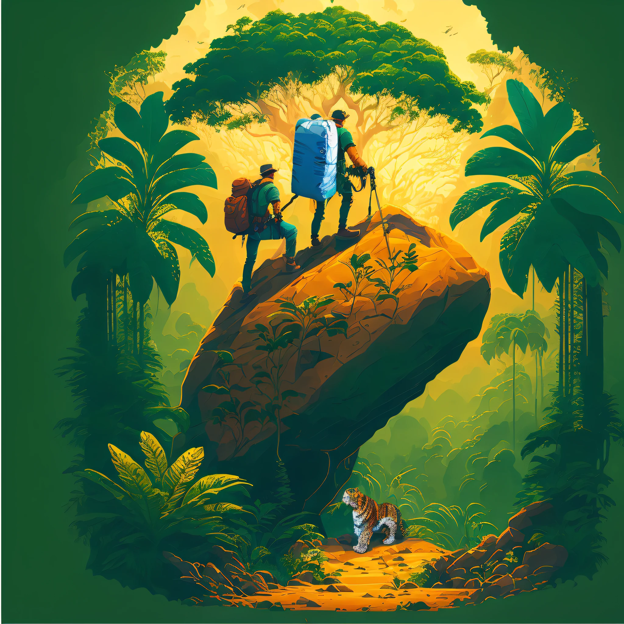 there are two people on a rock with a backpack and a tiger, jen bartel, cyril rolando and m.w kaluta, poster illustration, cyril rolando and m. w kaluta, cyril rolando and goro fujita, by Justin Gerard, inspired by Tim and Greg Hildebrandt, inspired by Brothers Hildebrandt