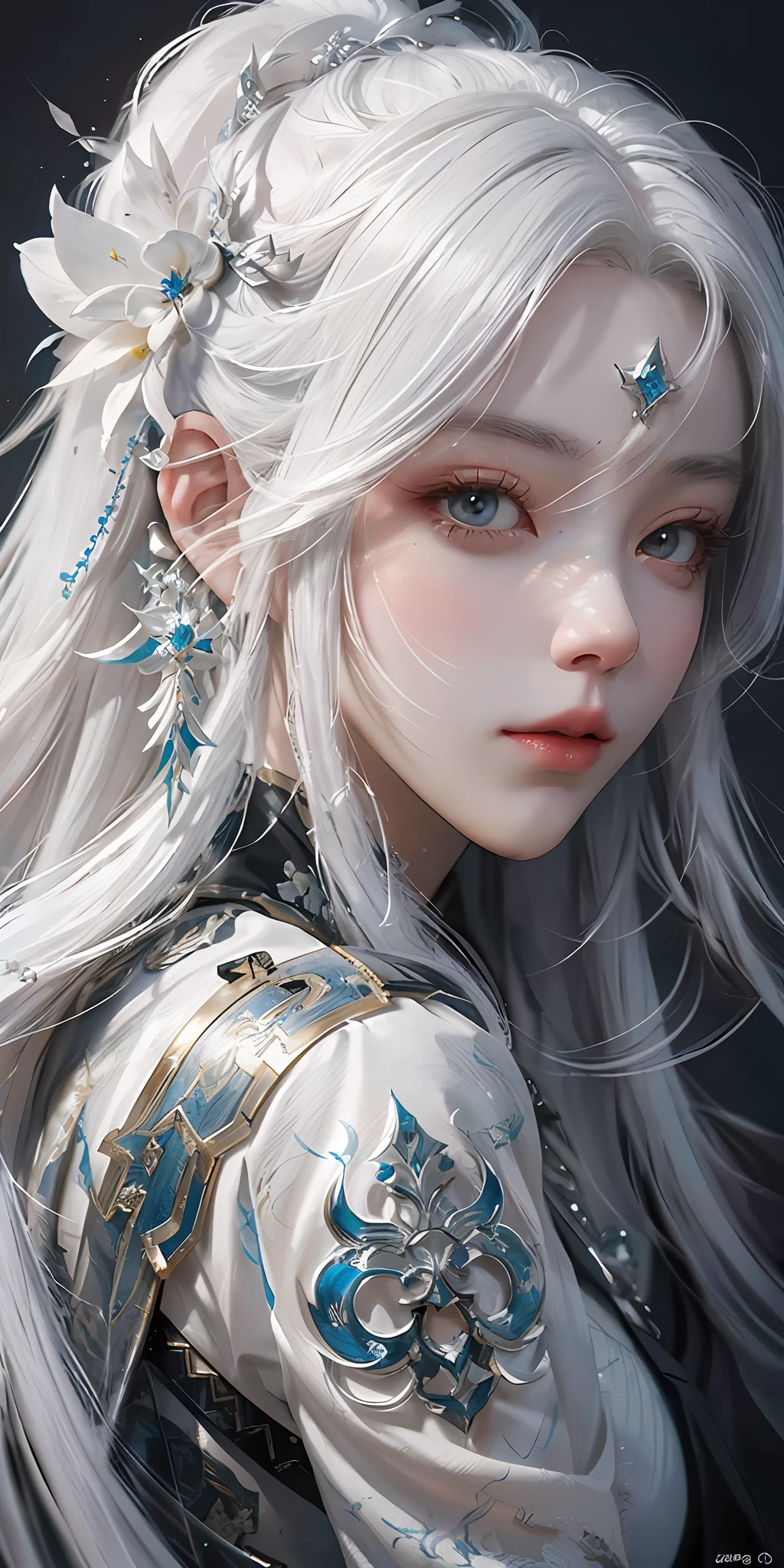 un primer plano de una mujer con cabello blanco y una máscara blanca, hermosa pintura de personajes, guweiz, obra de arte al estilo de guweiz, deidad de pelo blanco, by Yang J, Arte de personajes exquisito y épico., impresionante arte de personajes, por Fan Qi, por Wuzhun Shifan, guweiz en pixiv artstation